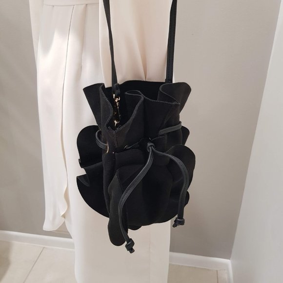 SEED Black Suede Like Ruffled Drawstring Bucket Bag - Picture 5 of 11